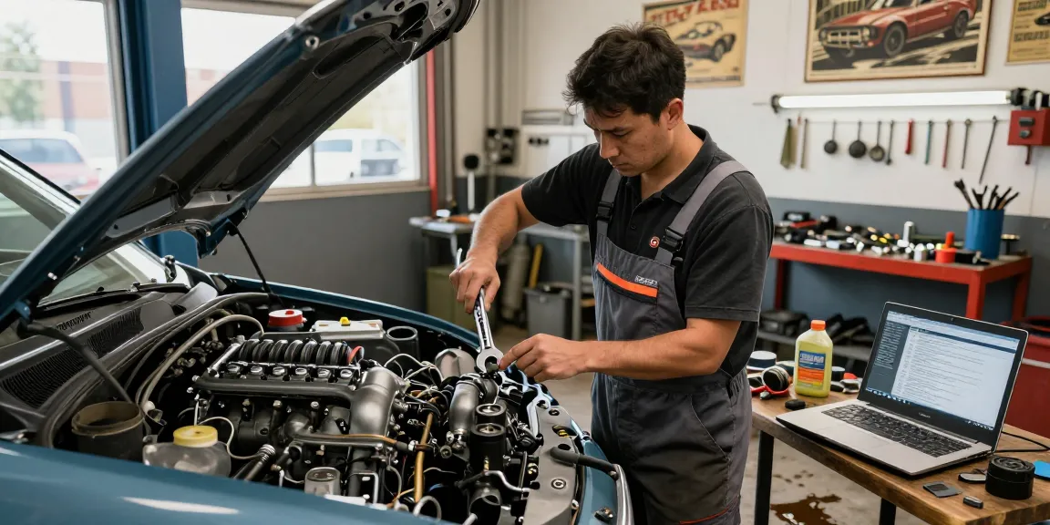 Mechanic using USAG 285x combination wrench set in a workshop, focused on car repairs.
