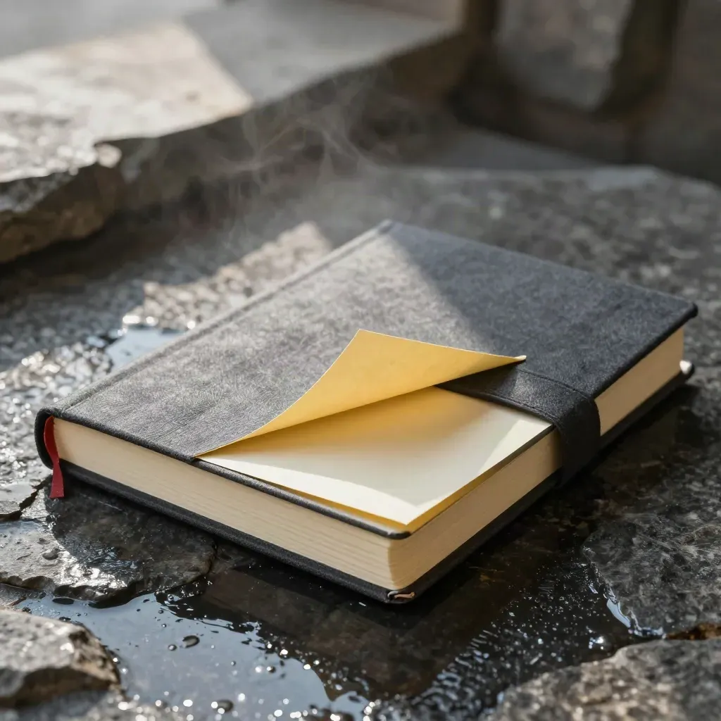 Damp brand voice notes notebook with yellow tabs and folded tone card on wet stone