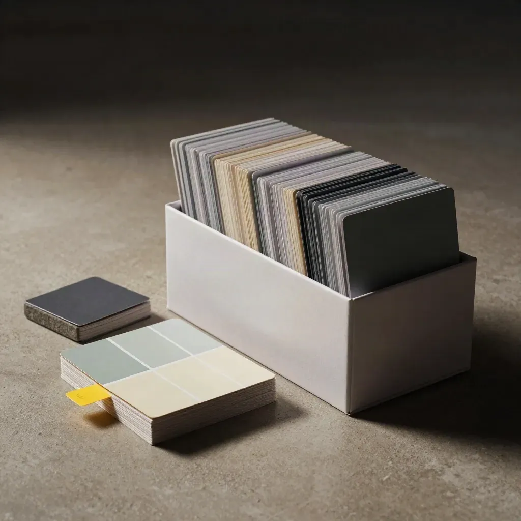 Open naming sprint box with tab cards, swatches and idea book on warm plaster at dusk.