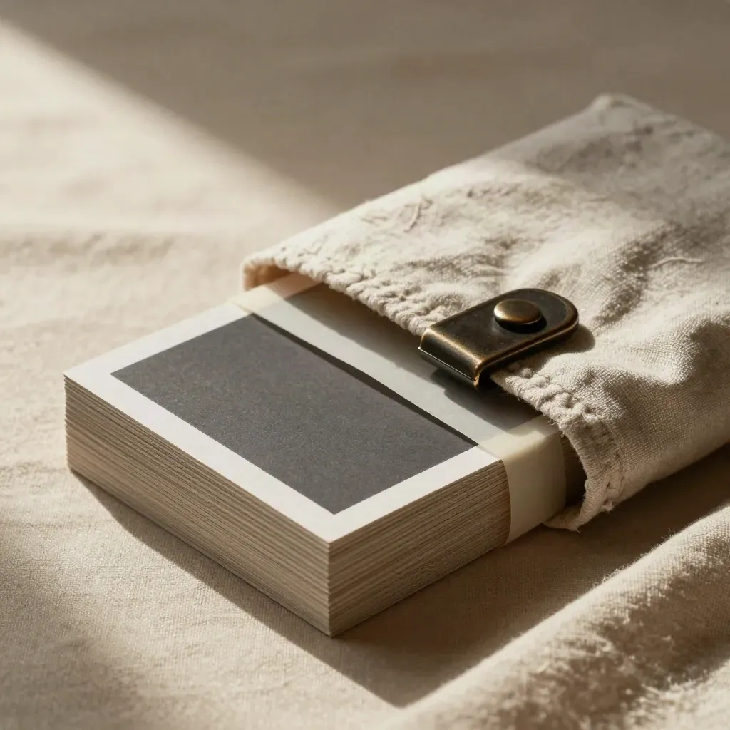 Side-view of a linen sleeve holding blank slide cards half-buried in cream fabric.