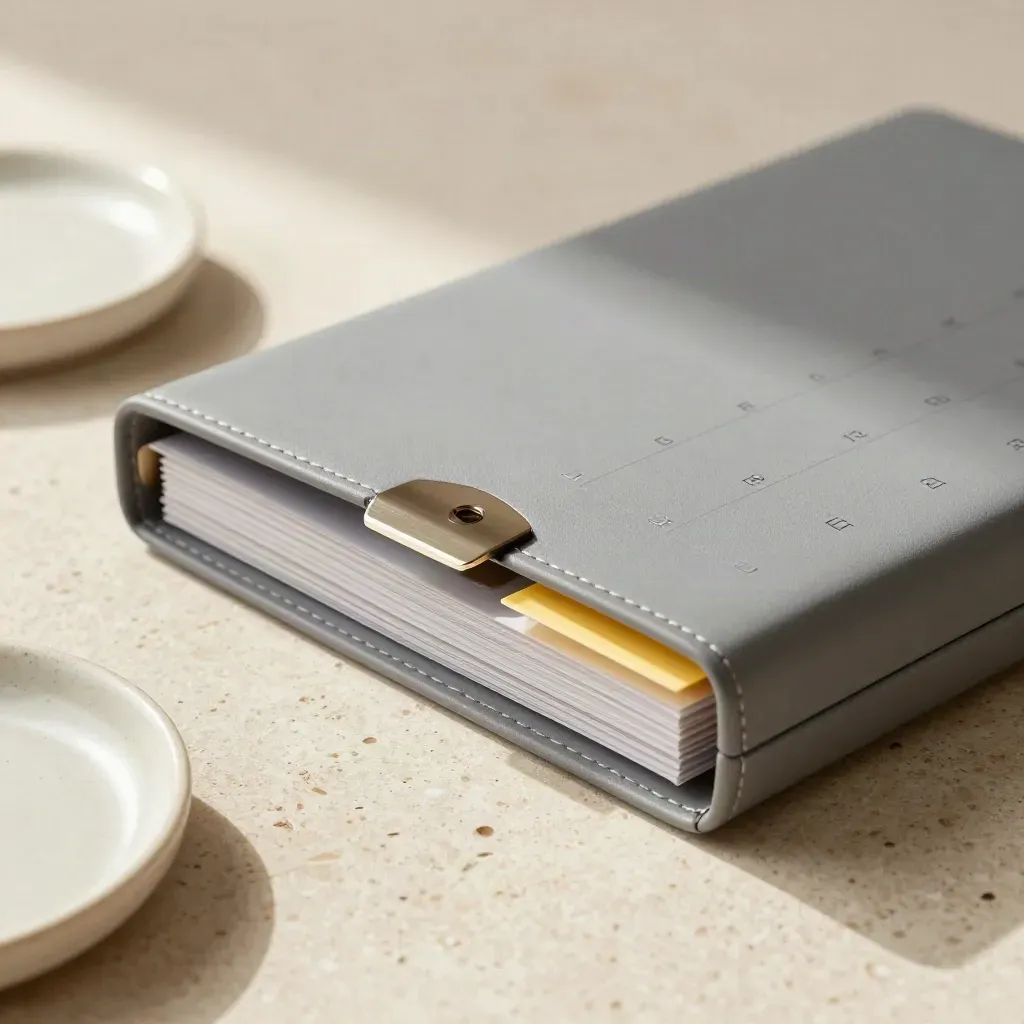 Matte content calendar pack with tabs and metal clip beside a ceramic tray on travertine.