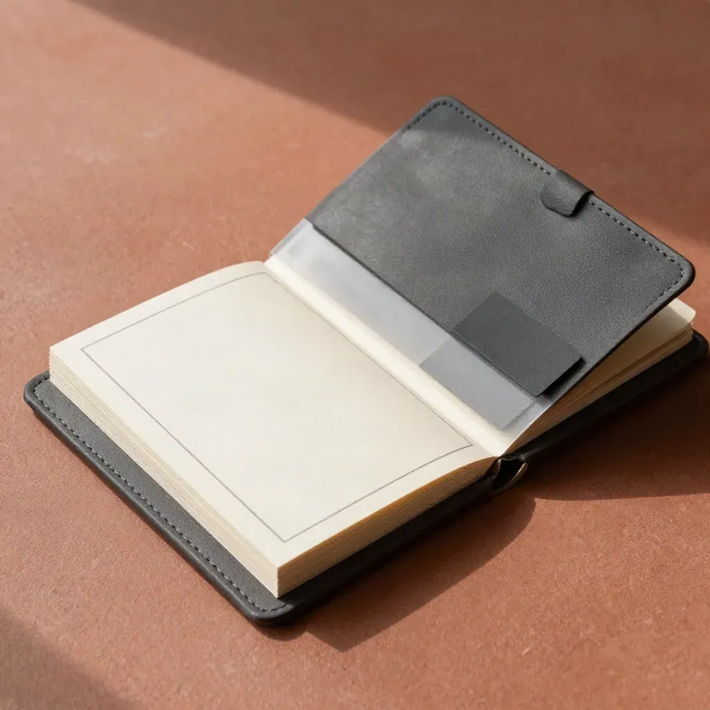 Overhead flatlay of a charcoal folio, stacked note cards and divider on terracotta concrete.