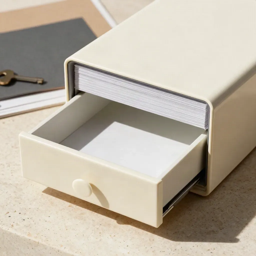 Ivory naming kit box with tabs and a slightly open drawer on travertine.