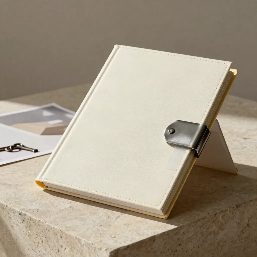 Open tone guide folio with tabs and a metal clip leaning against pale stone.