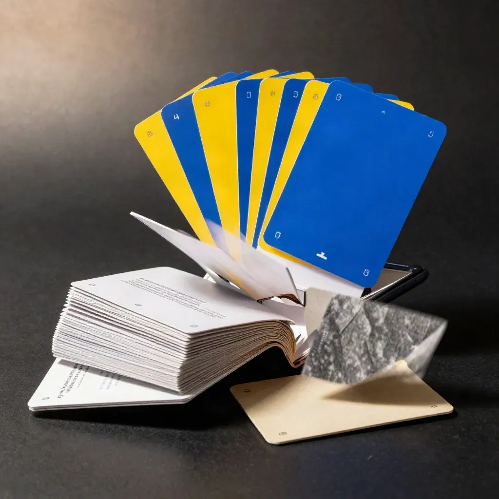 Blue and yellow message bundle cards bursting from a charcoal case on a black surface.