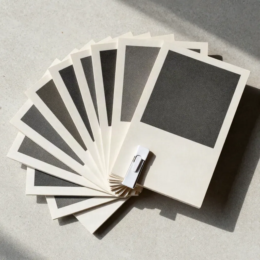Overhead flatlay of arcing hook cards held with a paper band and white clip