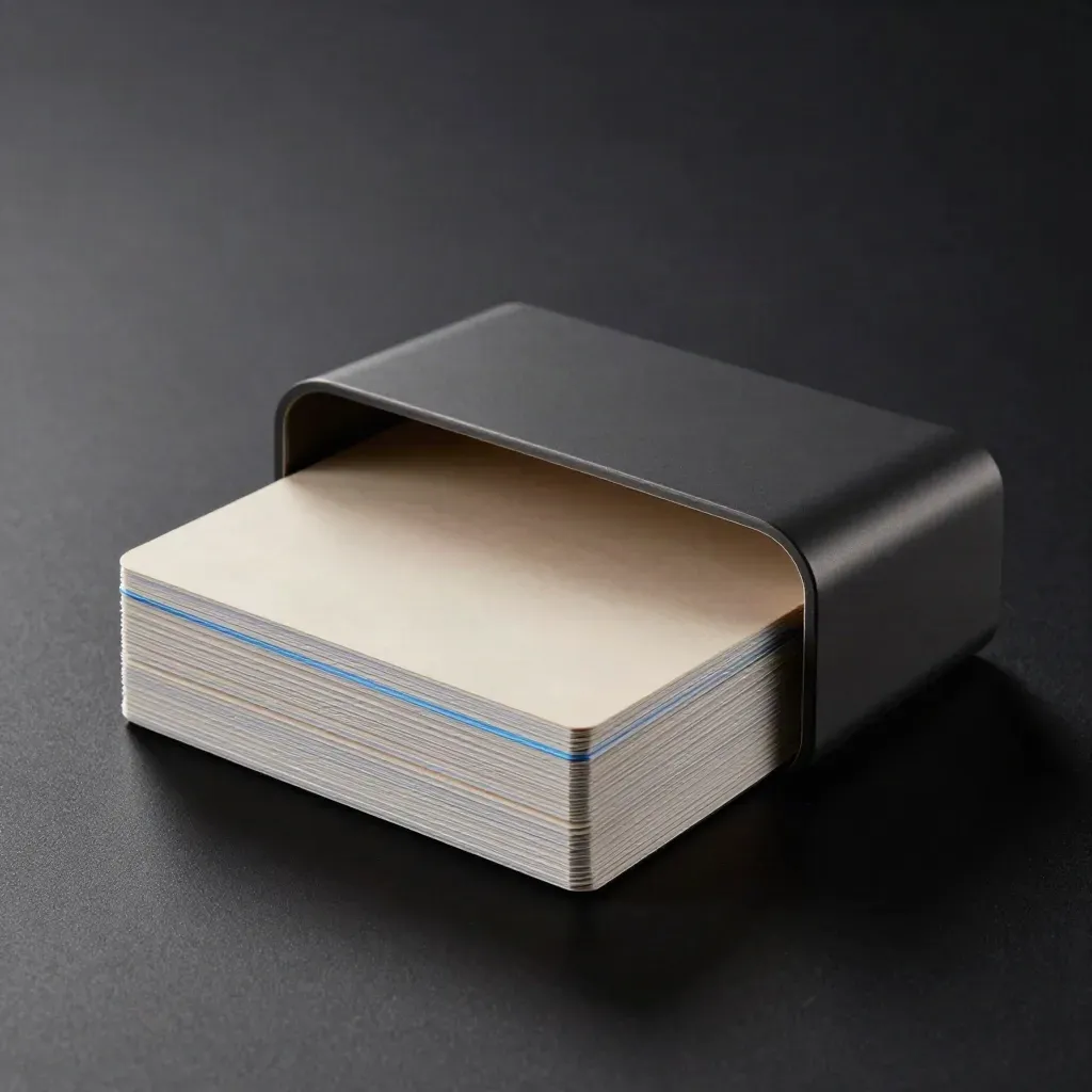 Dark premium sleeve with blank cards sliding out, lit by cool rim light on black.
