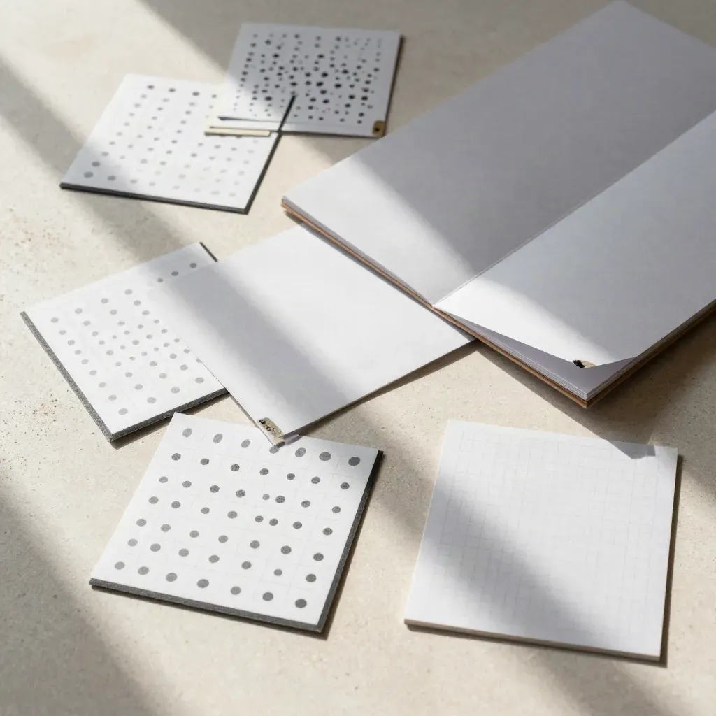 Overhead workshop kit with ideation cards, dot stickers and a folded board on plaster.