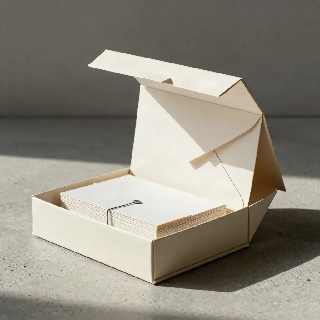 Open message kit box with cards and envelope on cool concrete in soft studio light