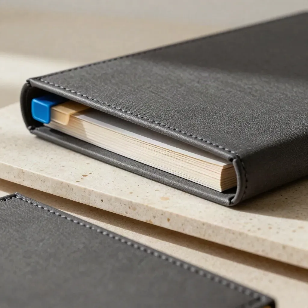 Charcoal direction folder with blue tabs on travertine, lit in a tight macro.