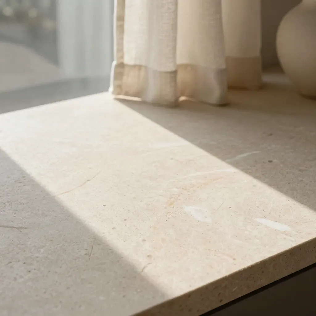Pale travertine surface under a linen curtain with soft morning light and a blurred ceramic edge.