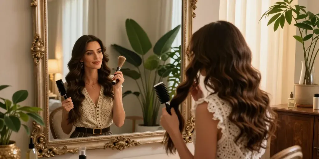Sew in weft hair extensions being applied by a stylish woman in a chic, well-decorated room