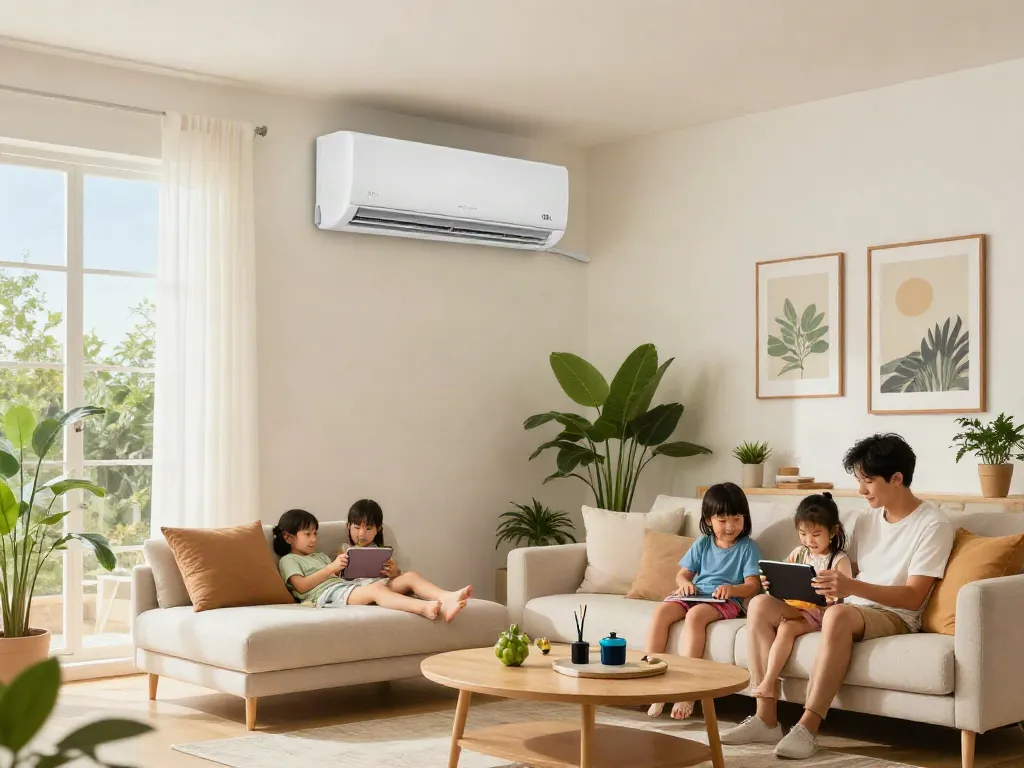 Family enjoying a modern living room with an 18k mini split air conditioner, showcasing comfortable and stylish decor.